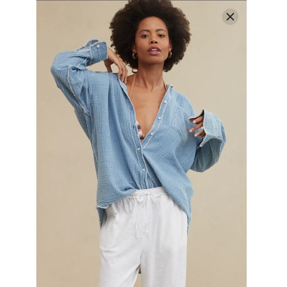 Aerie Blue Cotton Gauze Oversized Beach Swim Cover Up Shirt Size Large - Picture 2 of 12